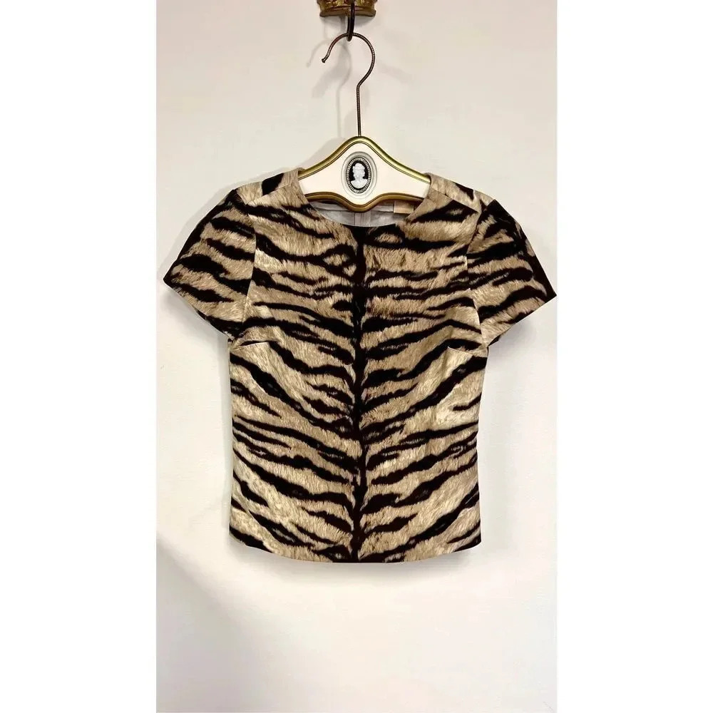 Michael Kors Womens Brown Tan Tiger Print Striped Short Sleeve Tunic Top Size XS